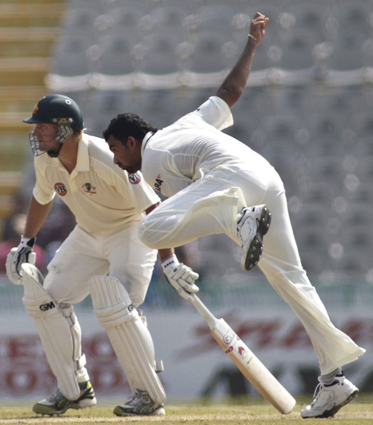 Shane Watson looks on as Zaheer Khan sends down a delivery, India v Australia, 1st Test, Mohali, 2nd day, October 2, 2010