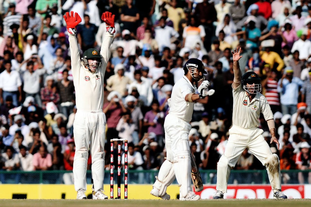 Simon Katich and Tim Paine appeal successfully against Sachin Tendulkar, India v Australia, 1st Test, Mohali, 3rd day, October 3, 2010