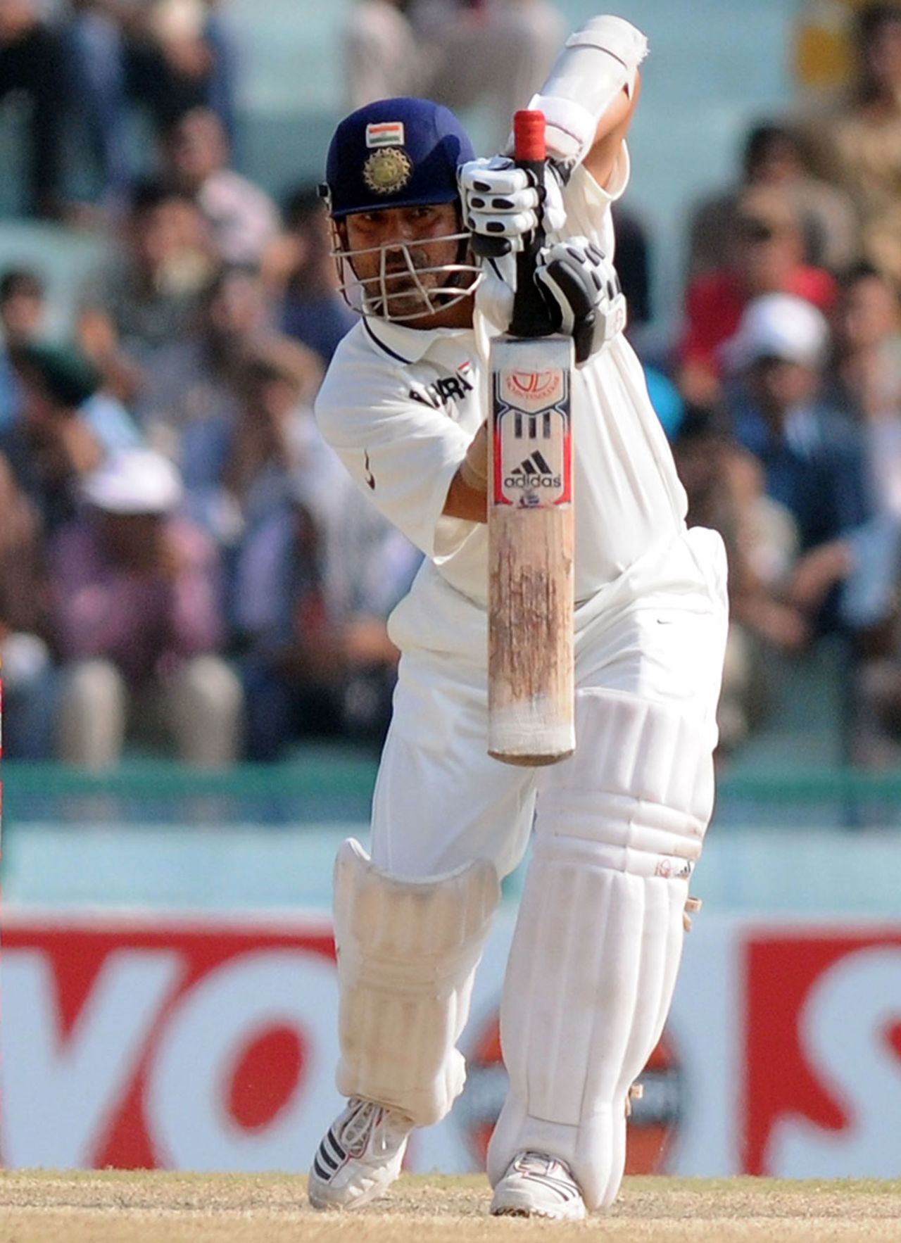 Sachin Tendulkar punches through the off side, 1st Test, Mohali, India v Australia, 5th day, October 5, 2010