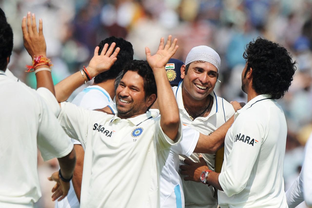 The Indian team ran onto the field to cherish the moment, 1st Test, Mohali, India v Australia, 5th day, October 5, 2010
