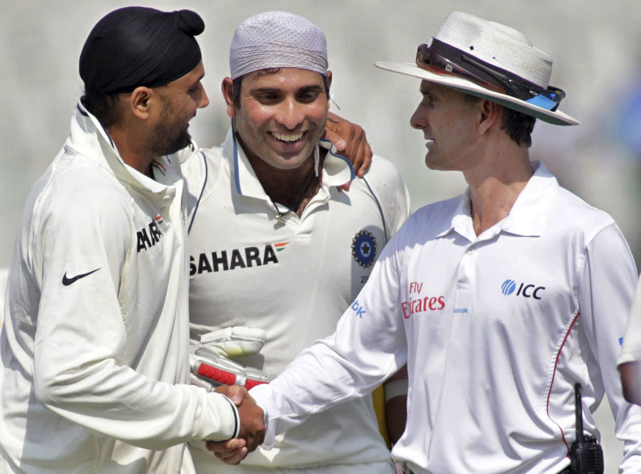 Billy Bowden congratulates Harbhajan Singh and VVS Laxman after the match, 1st Test, Mohali, India v Australia, 5th day, October 5, 2010
