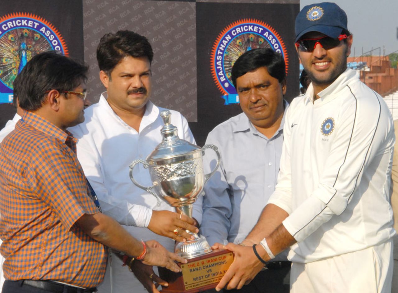 Yuvraj Singh collects the Irani Cup trophy, Mumbai v Rest of India, Irani Cup, Jaipur, 5th day, October 5, 2010