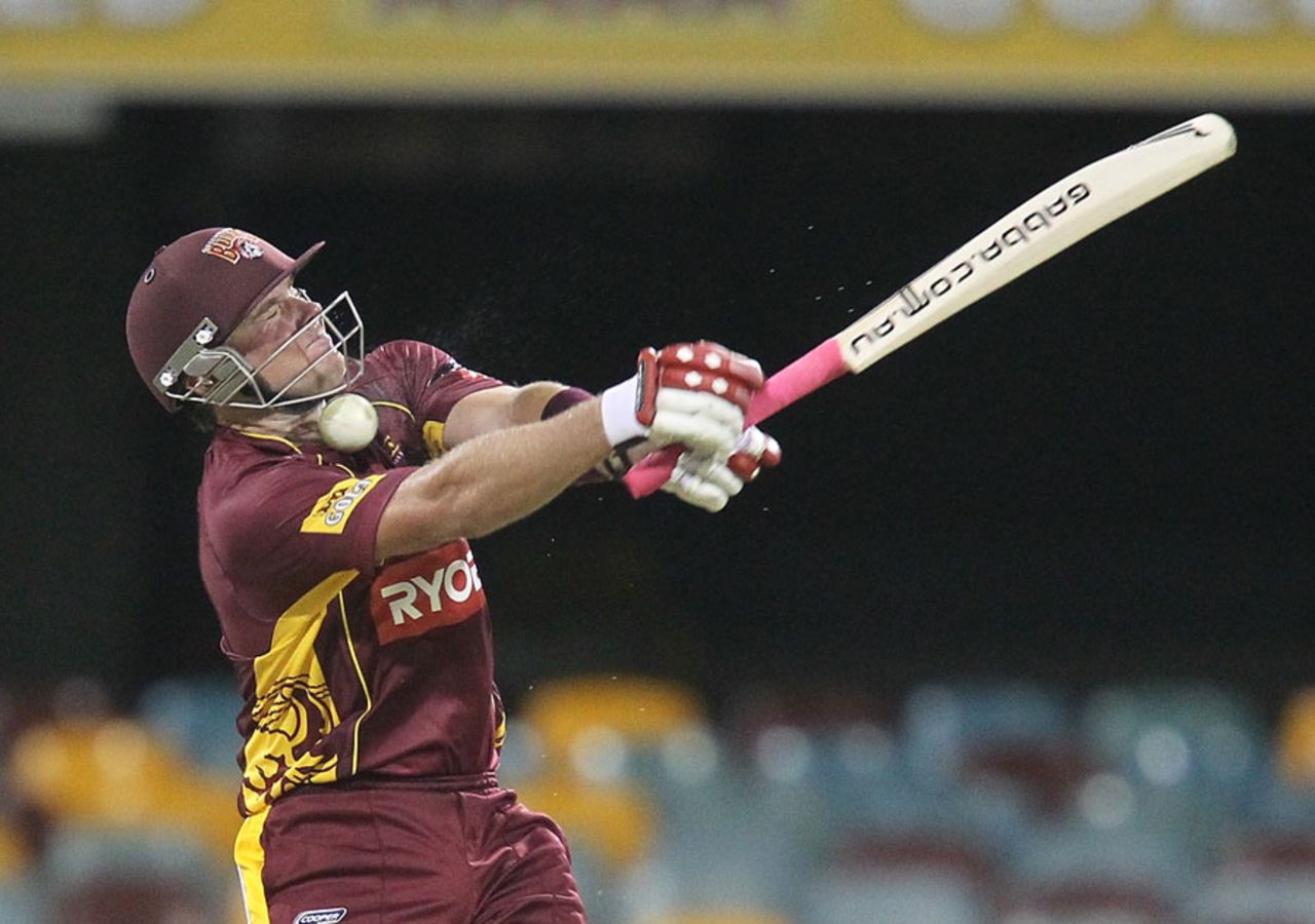 Ryan Broad receives a painful blow from a Brett Geeves short ball, Queensland v Tasmania, Ryobi Cup, Brisbane, October 6, 2010