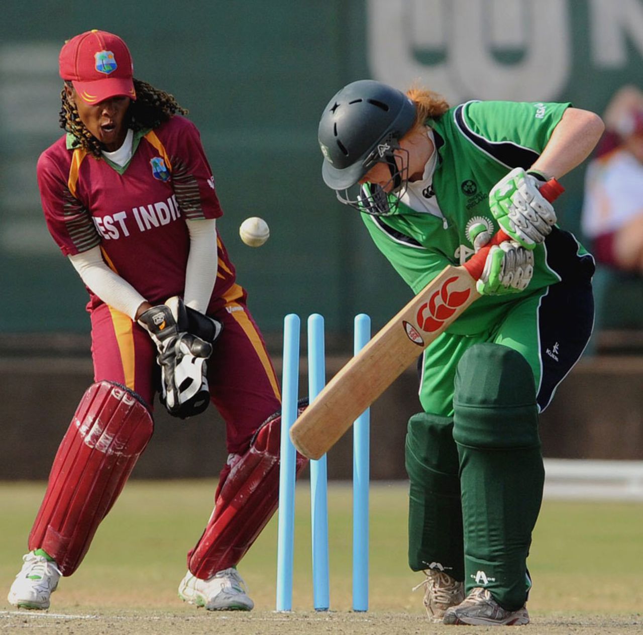 Ireland batsman Melissa Scott-Hayward is bowled as West Indies wicketkeeper Merissa Aguilleira looks on, ICC Women's Cricket Challenge, Potchefstroom, October 7, 2010