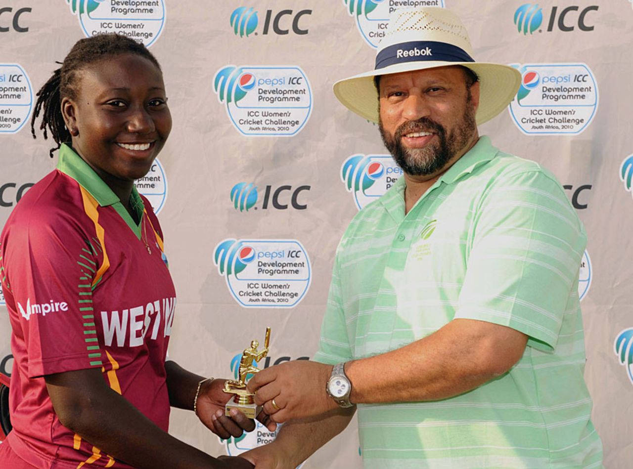 West Indies opener Stafanie Taylor, who made 72, was awarded the player of the match, ICC Women's Cricket Challenge, Potchefstroom, October 7, 2010