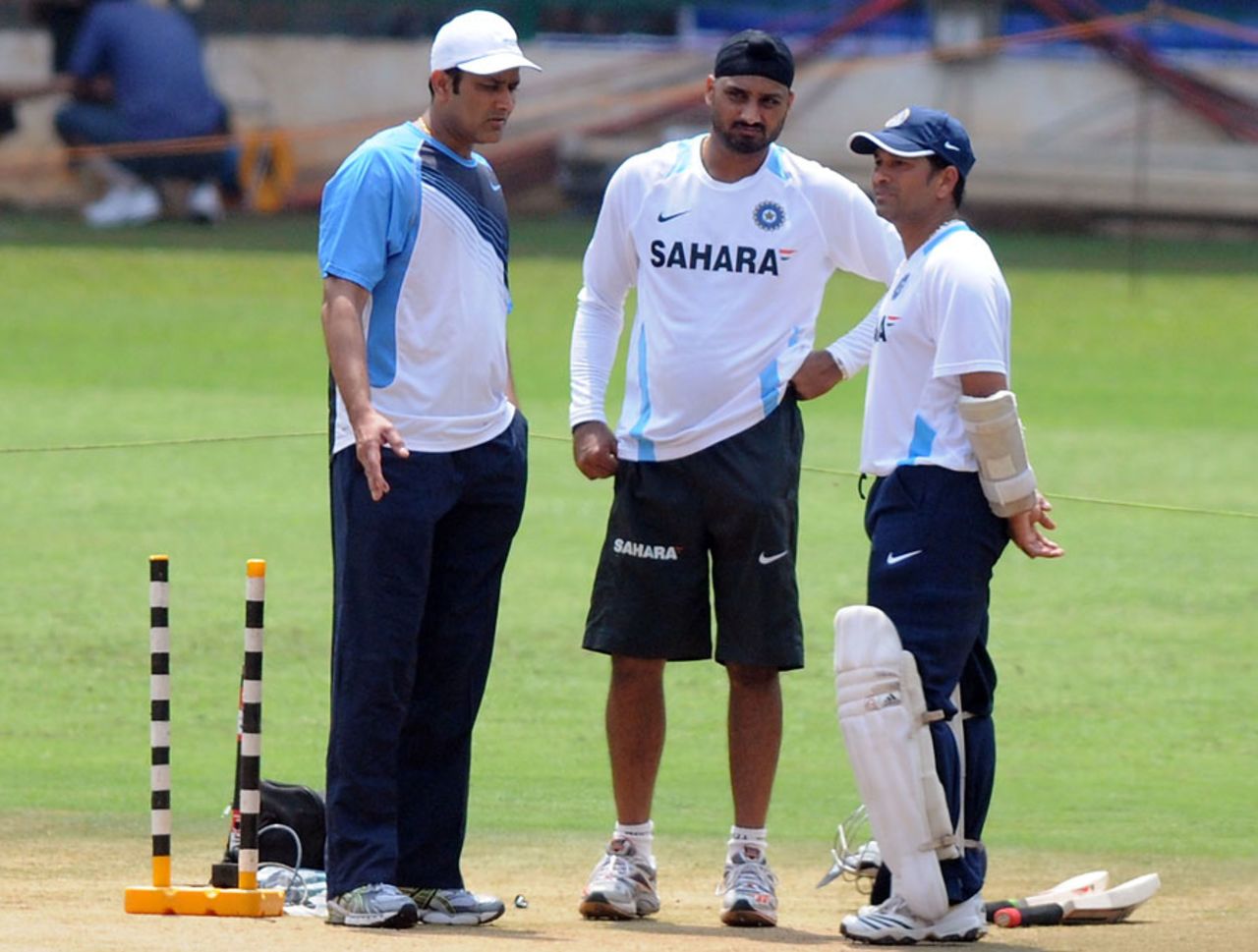 Anil Kumble joins Harbhajan Singh and Sachin Tendulkar as they inspect the wicket, Bangalore, October 8, 2010