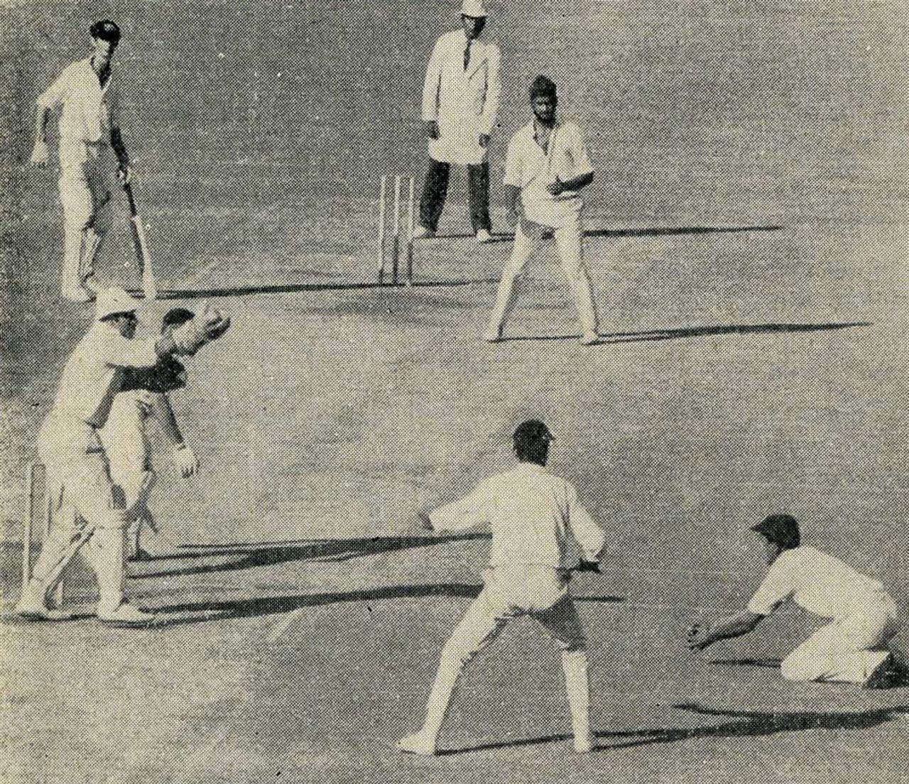 Eknath Solkar takes an excellent low catch to dismiss John Gleeson, India v Australia, 3rd Test, Delhi, November 29, 1969
