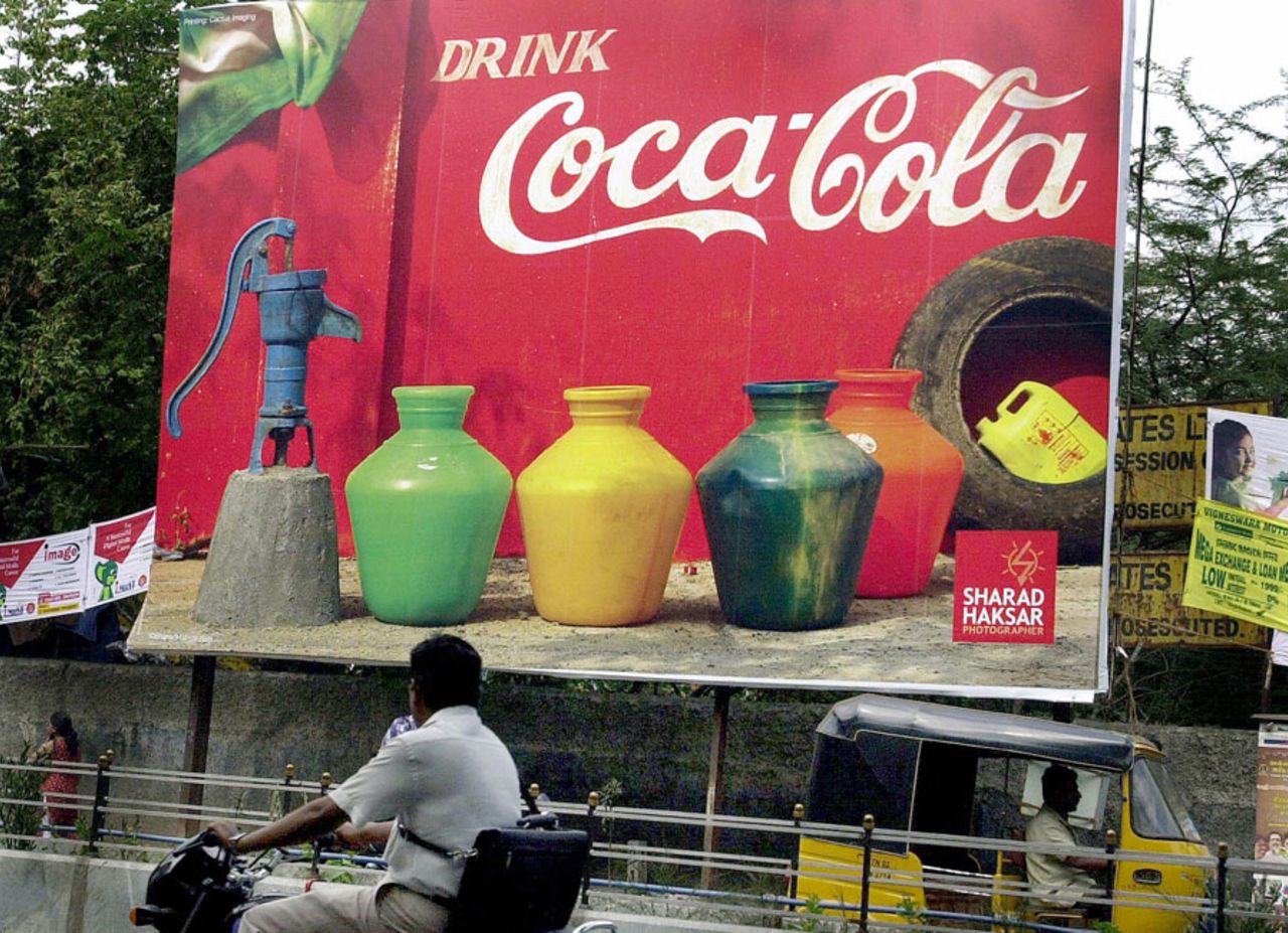 A billboard by photographer Sharad Haksar parodies water shortages in India, Chennai, July 14, 2005