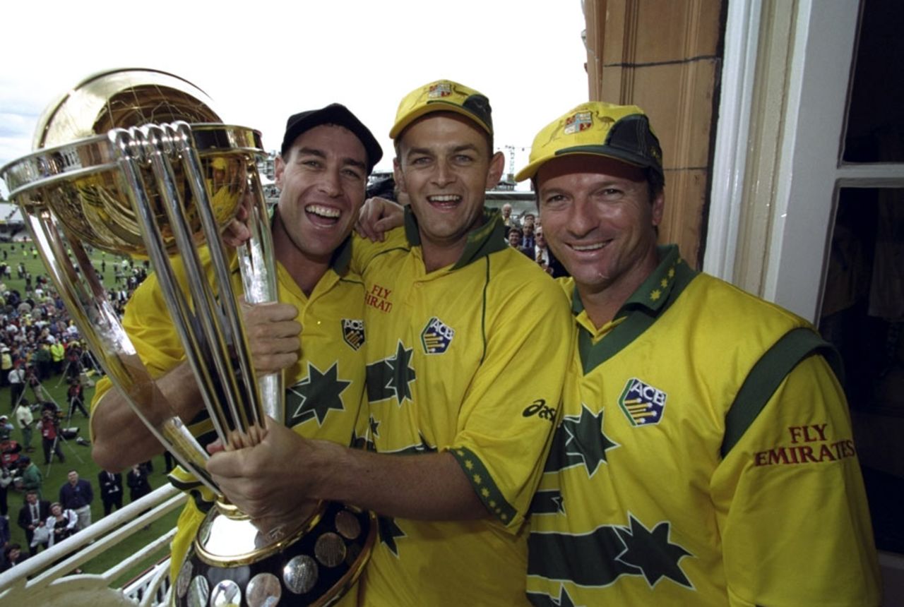 Michael Bevan, Adam Gilchrist and Steve Waugh hold the World Cup trophy, Australia v Pakistan, World Cup final, Lord's, June 20, 1999
