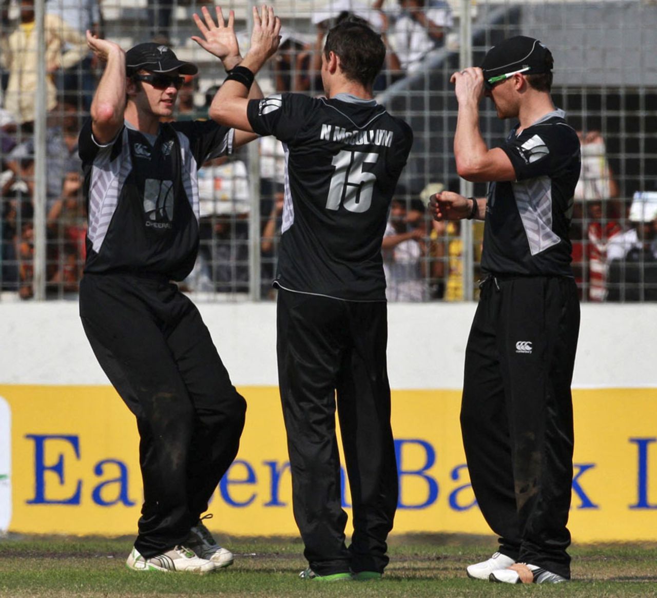 New Zealand's fielders celebrate the dismissal of Shahriar Nafees, Bangladesh v New Zealand, 3rd ODI, Mirpur, October 11, 2010