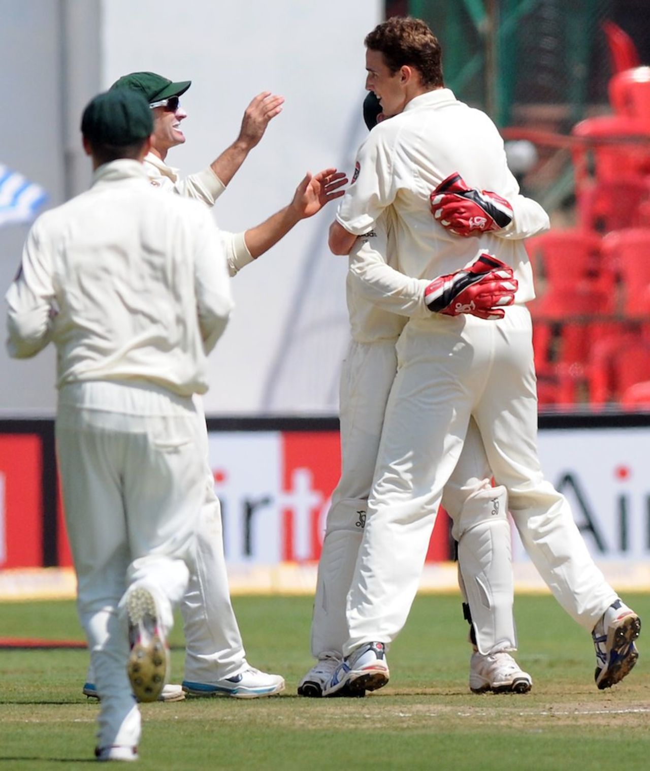 Peter George celebrates his first Test wicket, that of Sachin Tendulkar, India v Australia, 2nd Test, Bangalore, 4th day, October 12, 2010