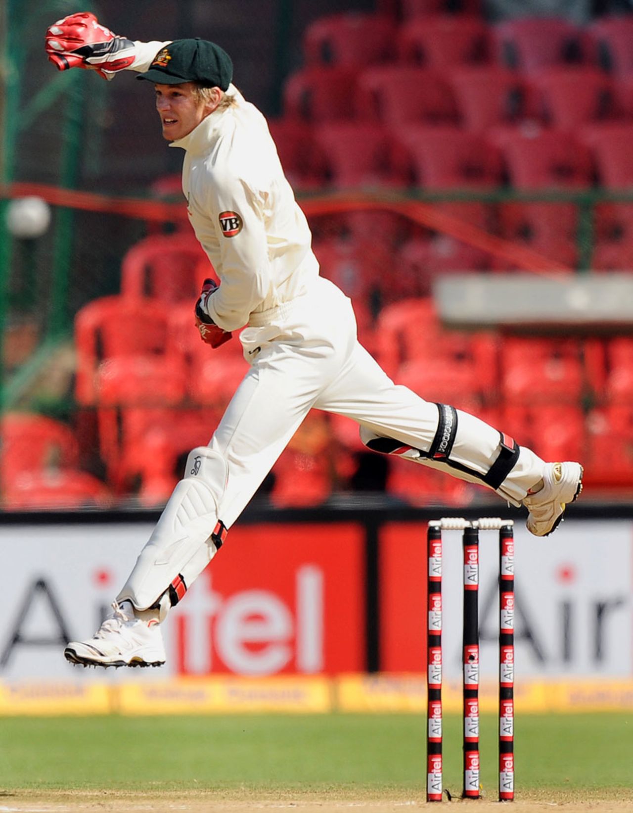 Tim Paine leaps acrobatically in the air, India v Australia, 2nd Test, Bangalore, 4th day, October 12, 2010
