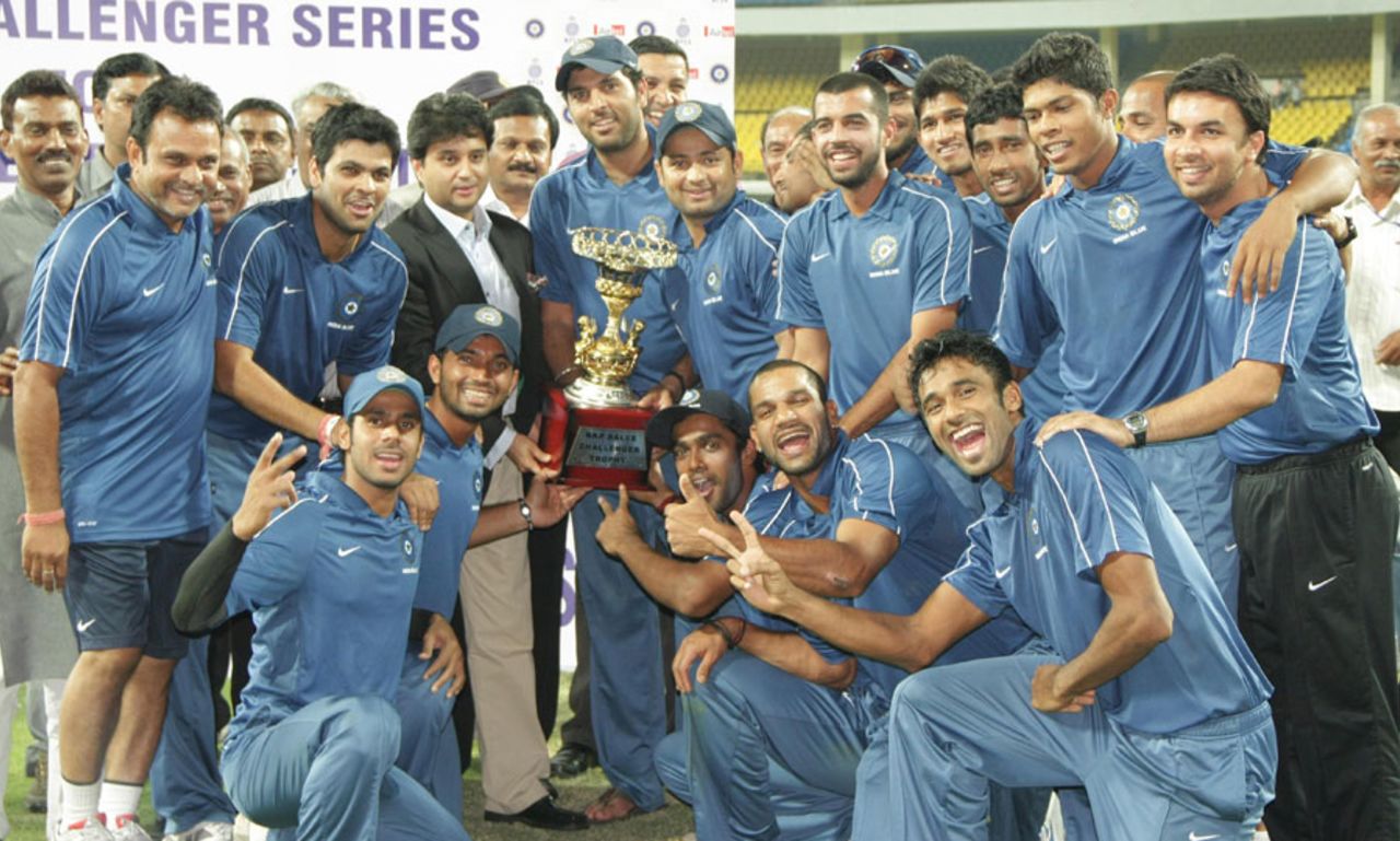 India Blue with the NKP Salve Challenger Trophy, India Blue v India Green, final, NKP Salve Challenger Trophy, Indore, October 11, 2010