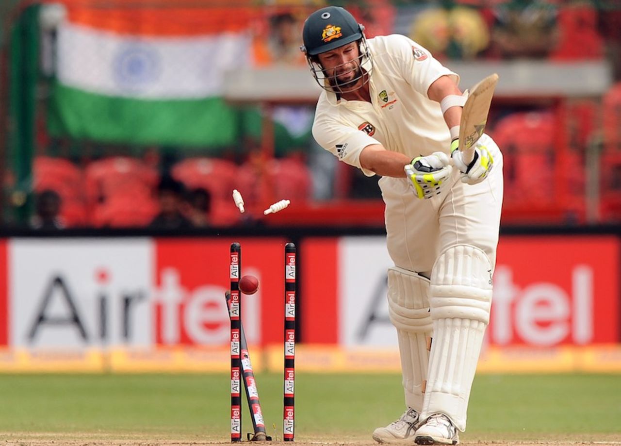 Ben Hilfenhaus is bowled by Sreesanth, India v Australia, 2nd Test, Bangalore, 5th day, October 13, 2010