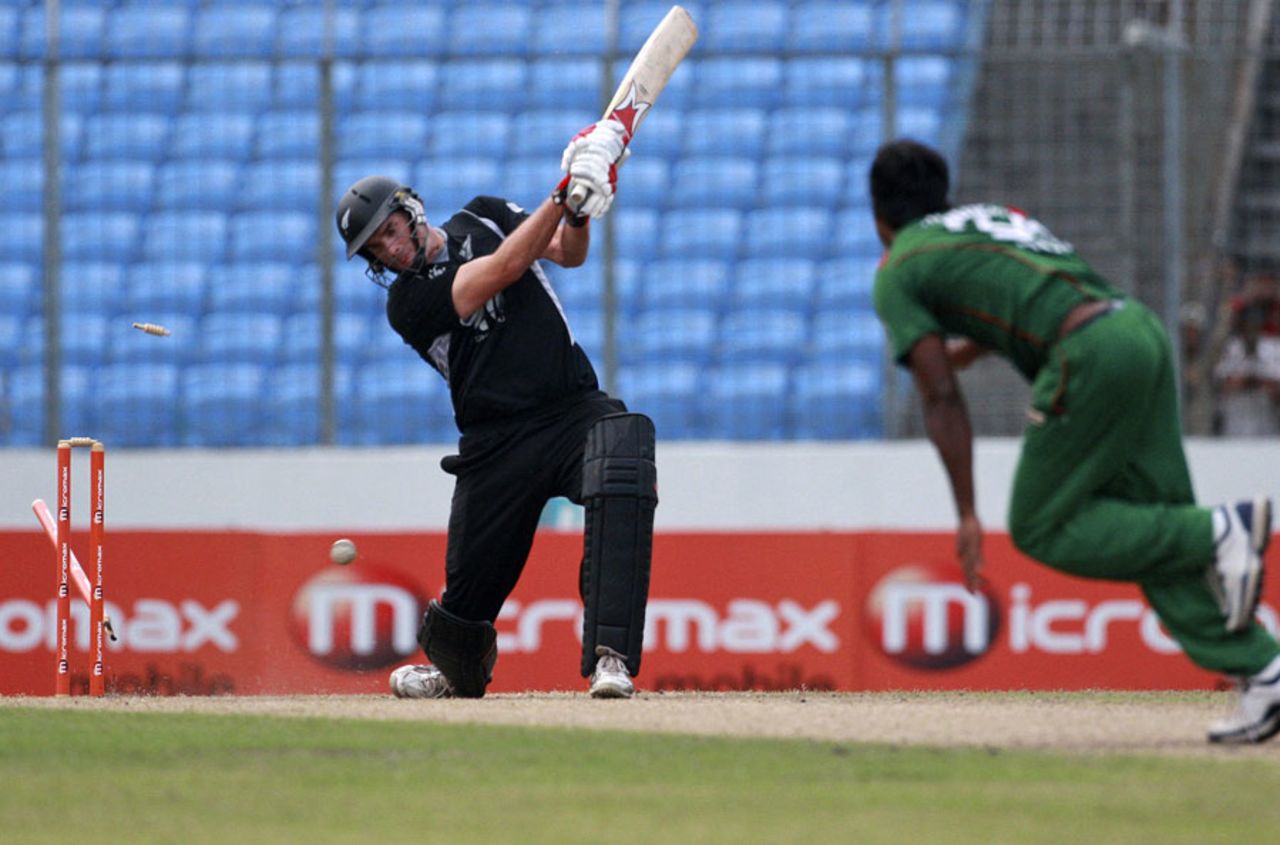 Kyle Mills has his stumps flattened by Rubel Hossain, signalling victory for the hosts, Bangladesh v New Zealand, 5th ODI, Mirpur, October 17, 2010