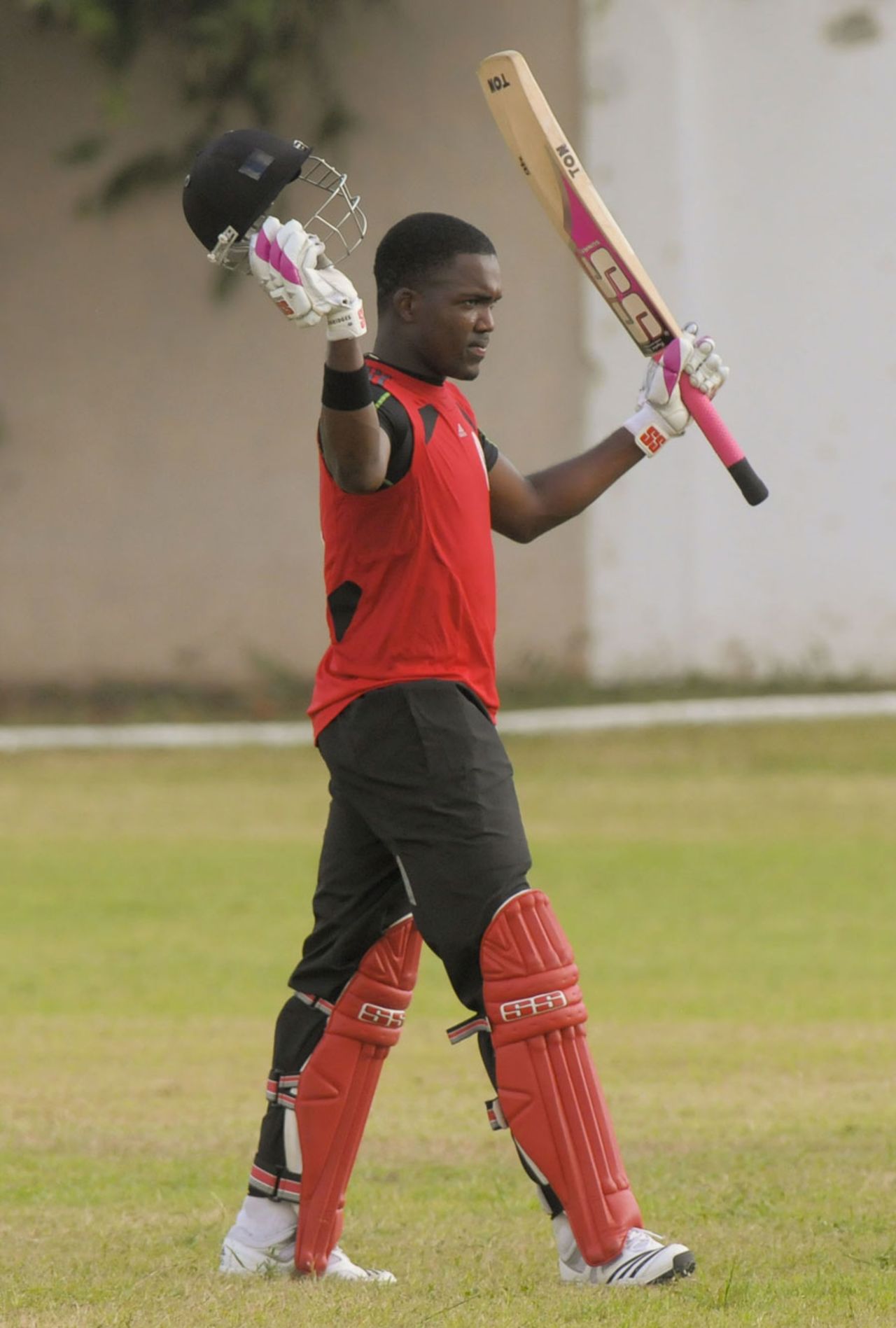 Darren Bravo celebrates his hundred, Combined Campuses and Colleges v Trinidad & Tobago, Group A match, WICB Cup, Kensington Park, Kingston, October 14, 2010