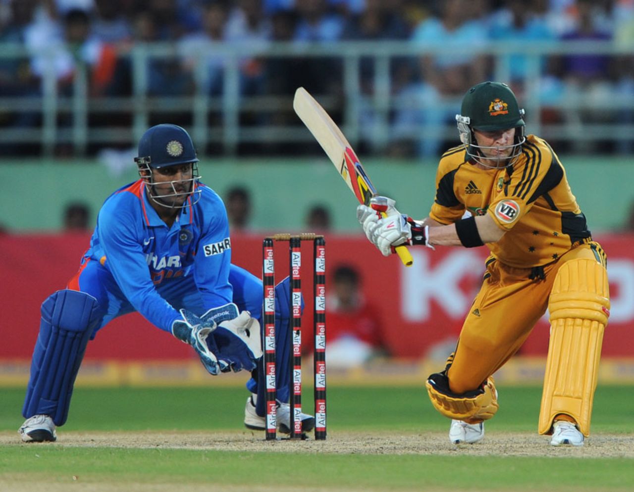 Michael Clarke sweeps during his century, India v Australia, 2nd ODI, Visakhapatnam, October 20, 2010