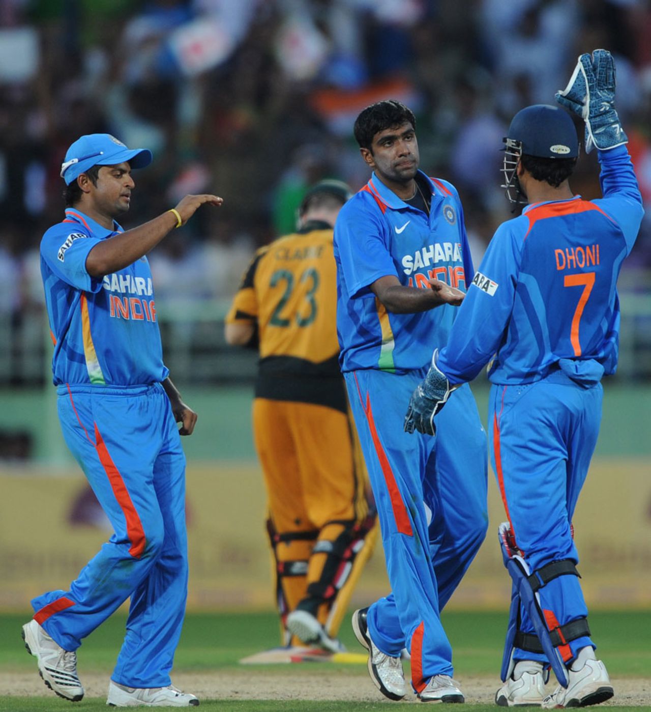 R Ashwin celebrates after sending Michael Hussey back, India v Australia, 2nd ODI, Visakhapatnam, October 20, 2010