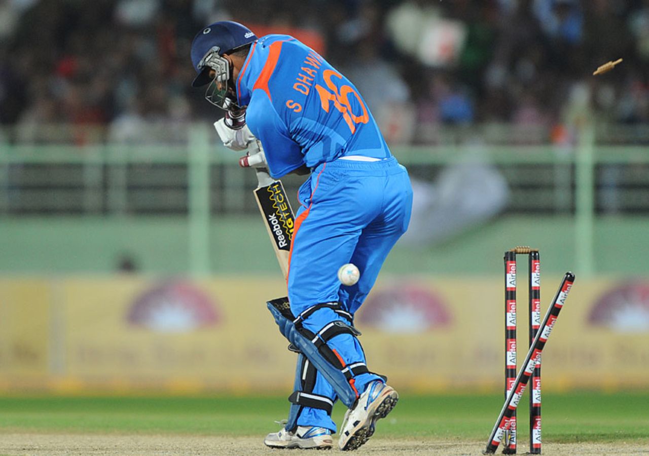 Shikhar Dhawan was bowled by Clint McKay for 0, India v Australia, 2nd ODI, Visakhapatnam, October 20, 2010