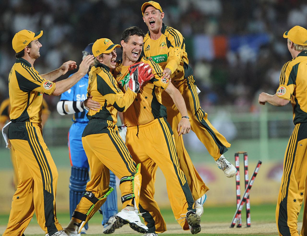 Australia celebrate the dismissal of Shikhar Dhawan, India v Australia, 2nd ODI, Visakhapatnam, October 20, 2010