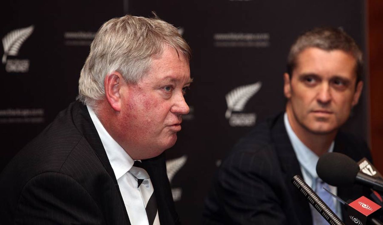 Chris Moller, the New Zealand Cricket chairman, with chief executive Justin Vaughan, Wellington, October 22, 2010