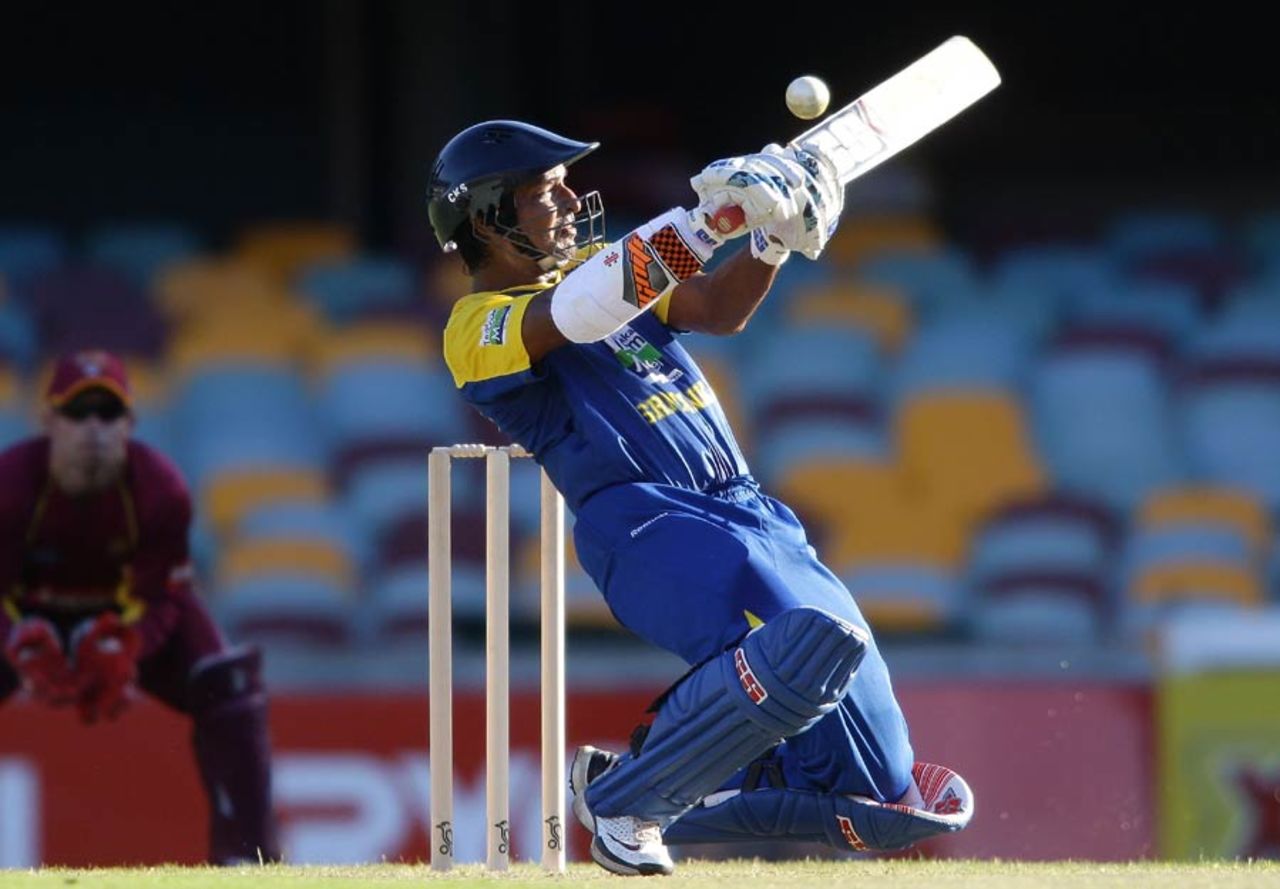 Kumar Sangakkara upper-cuts during his century, Queensland v Sri Lankans, Brisbane, October 22, 2010