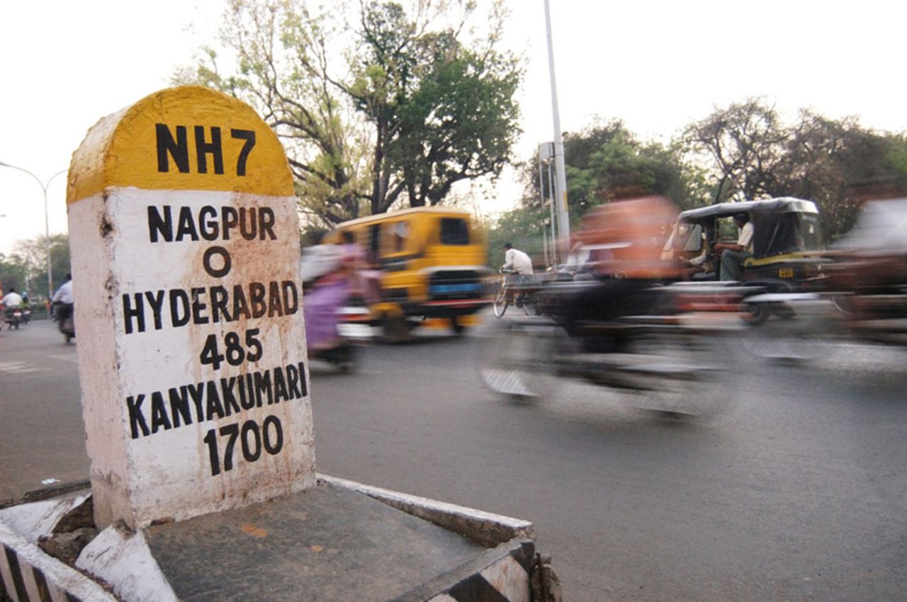 A milestone shows zero mile on the National Highway 7, Nagpur