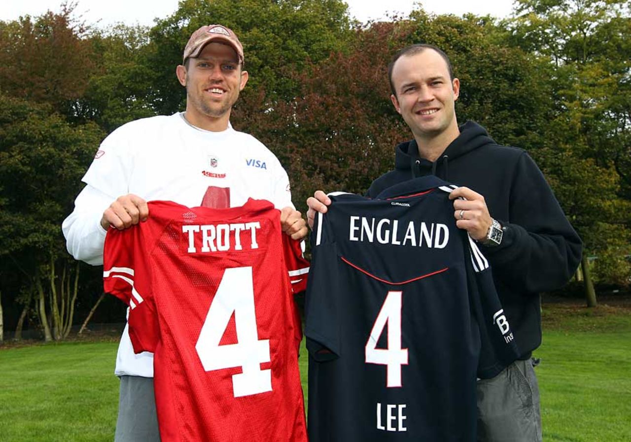 Jonathan Trott met Andy Lee of the San Francisco 49ers as the NFL side prepared for their match at Wembley, Hertfordshire, October 27, 2010