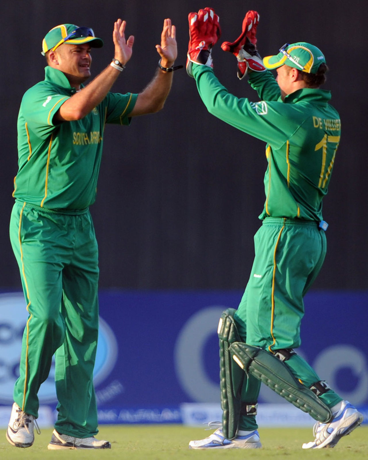 Charl Langeveldt and AB de Villiers celebrate the dismissal of Mohammad Hafeez, Pakistan v South Africa, 1st ODI, Abu Dhabi, October 29, 2010