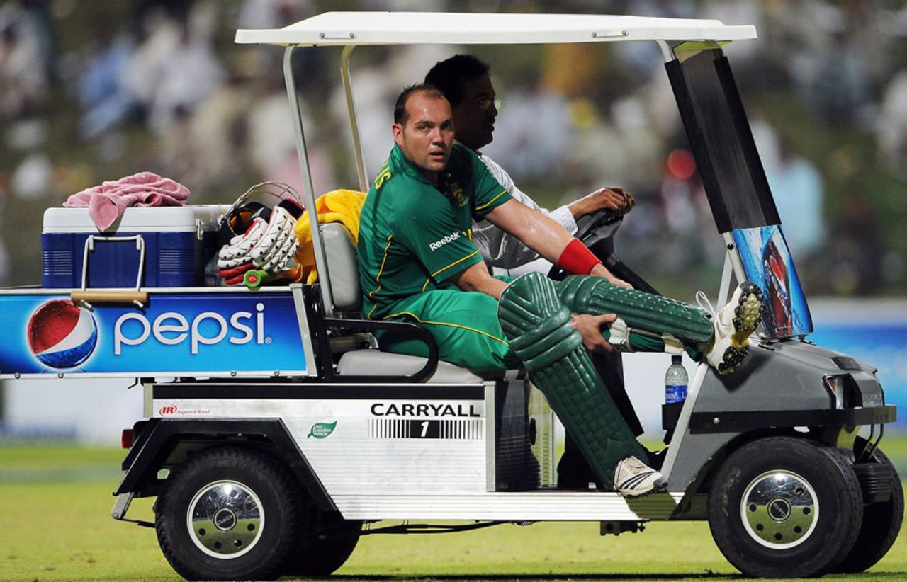 Jacques Kallis, retired hurt with cramps, gets a ride back to the pavilion, Pakistan v South Africa, 1st ODI, Abu Dhabi, October 29, 2010