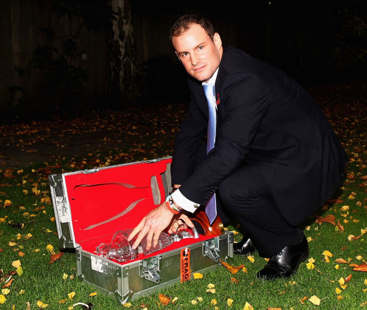 Andrew Strauss poses with the the Waterford Crystal replica of the Ashes trophy, Lord's, October 28, 2010