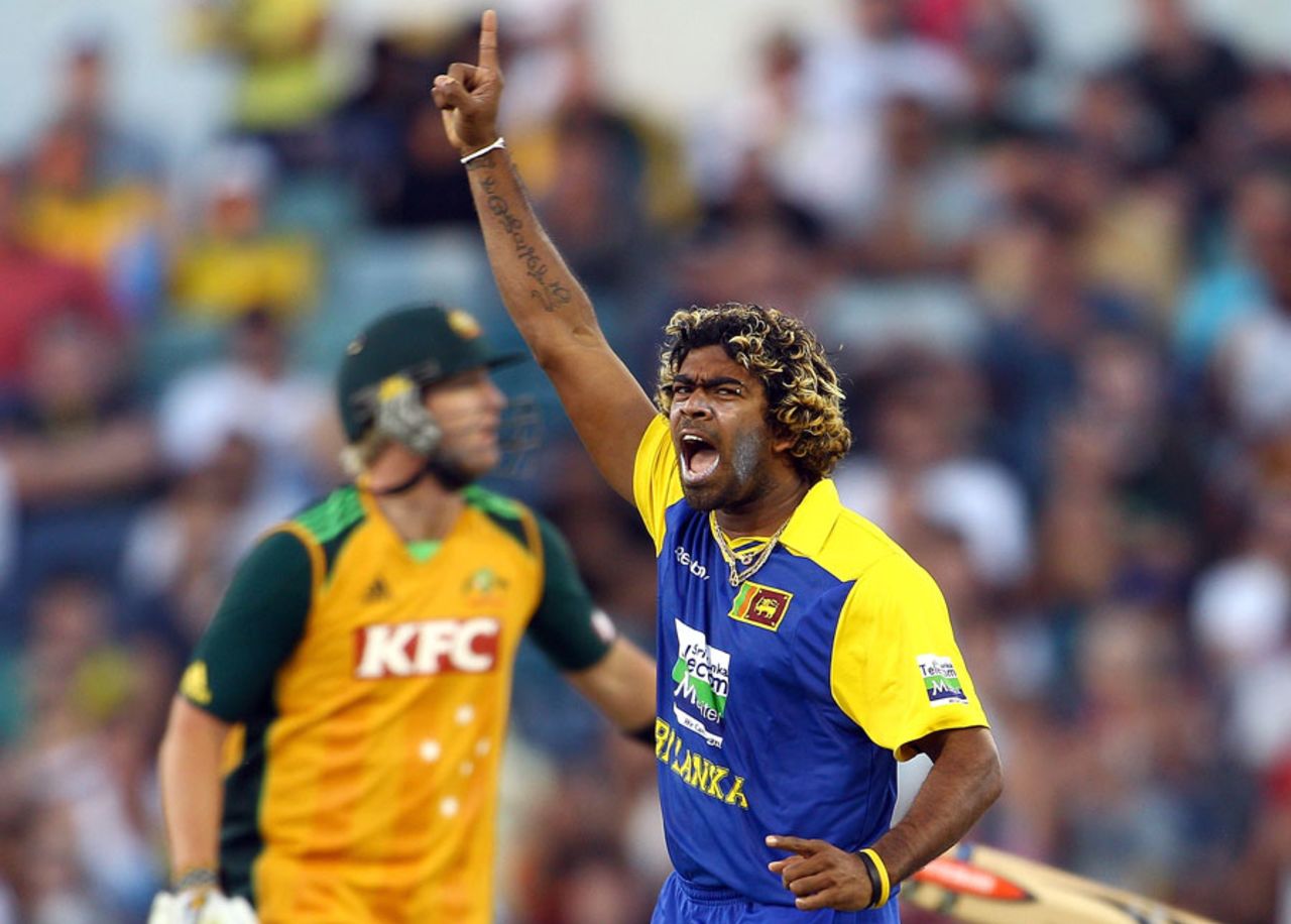 Lasith Malinga celebrates the dismissal of Cameron White, Australia v Sri Lanka, Only Twenty20, Perth, October 31, 2010