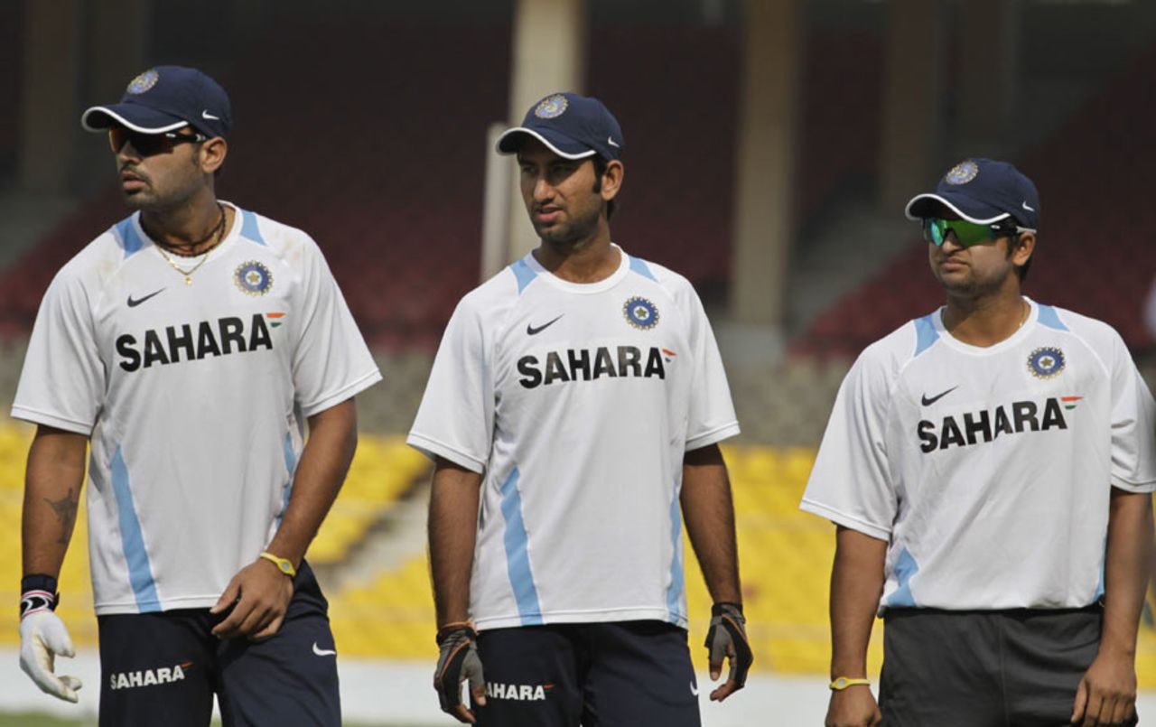The next generation: M Vijay, Cheteshwar Pujara and Suresh Raina, Ahmedabad, November 2, 2010