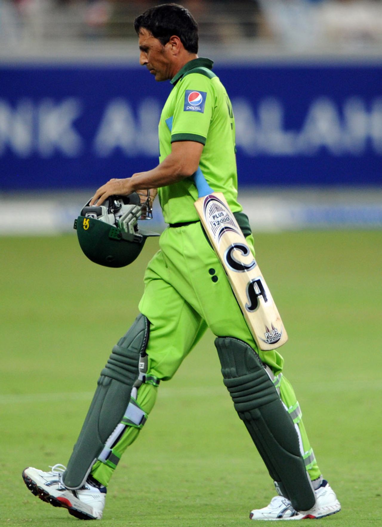 Younis Khan trudges off for a seven-ball duck, Pakistan v South Africa, 3rd ODI, Dubai, November 2, 2010