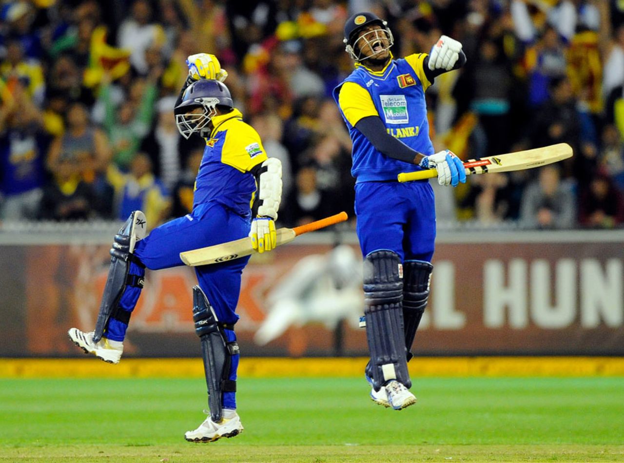 Angelo Mathews and Muttiah Muralitharan jump for joy after sealing the victory, Australia v Sri Lanka, 1st ODI, Melbourne, November 3, 2010