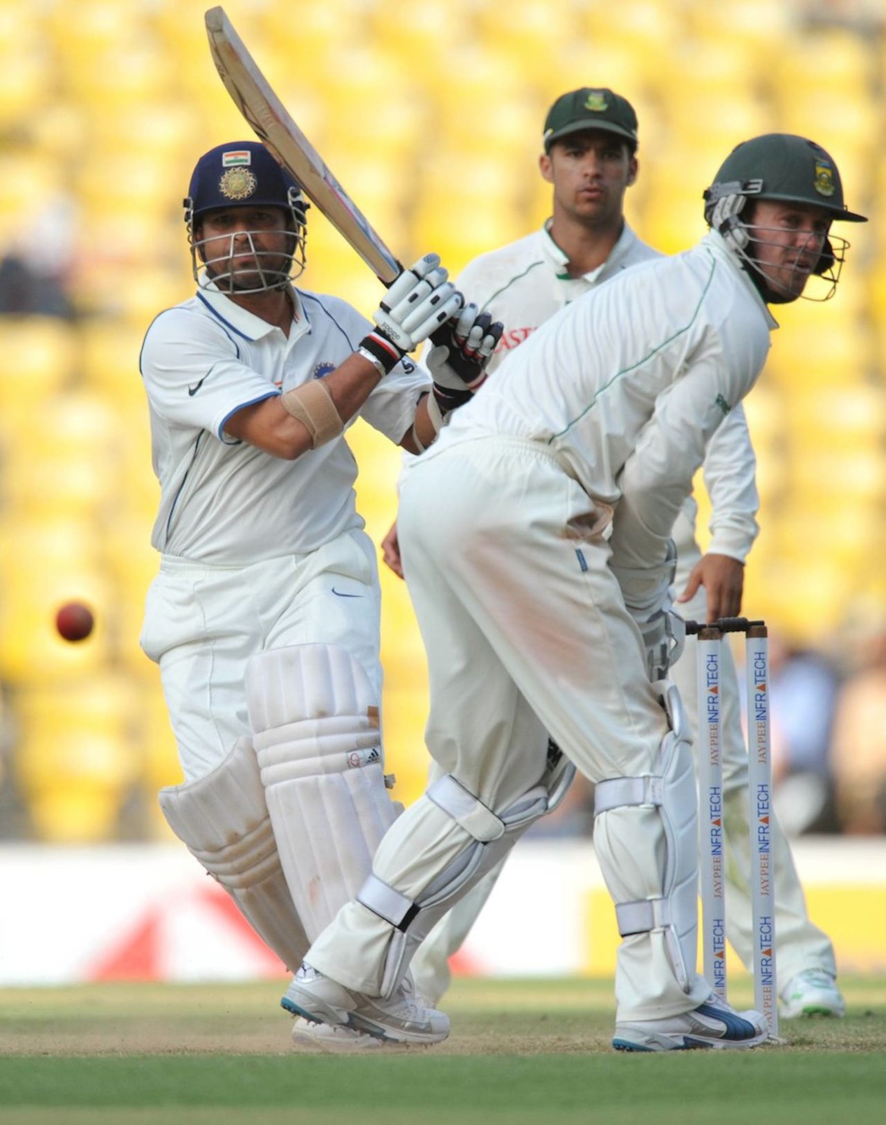 Sachin Tendulkar places the ball past the wicketkeeper, India v South Africa, 1st Test, Nagpur, 4th day, February 9, 2010