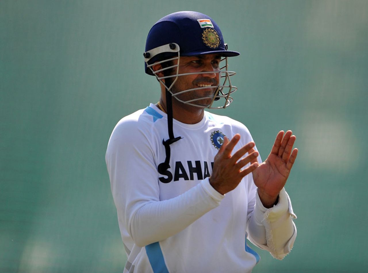 Virender Sehwag captured in a light-hearted moment, Ahmedabad, November 3, 2010