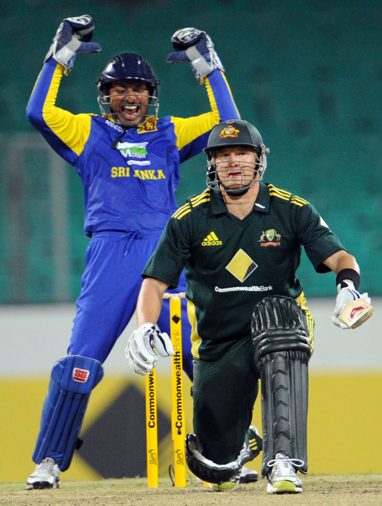 Kumar Sangakkara is delighted after Shane Watson is adjudged leg before, Australia v Sri Lanka, 2nd ODI, Sydney, November 5, 2010