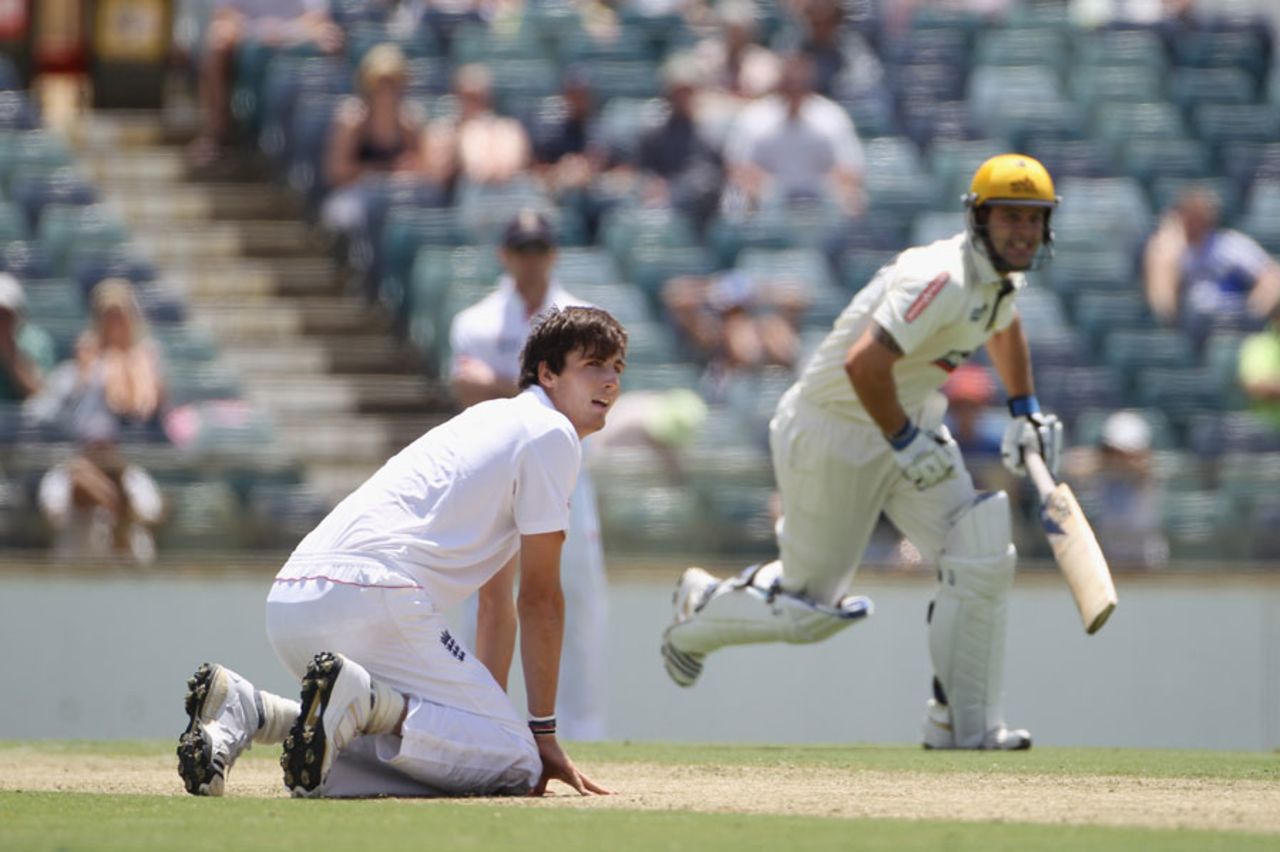 Steven Finn struggled to locate the right length on the opening day at the WACA, Western Australia v England XI, 1st day, Perth, November 5, 2010