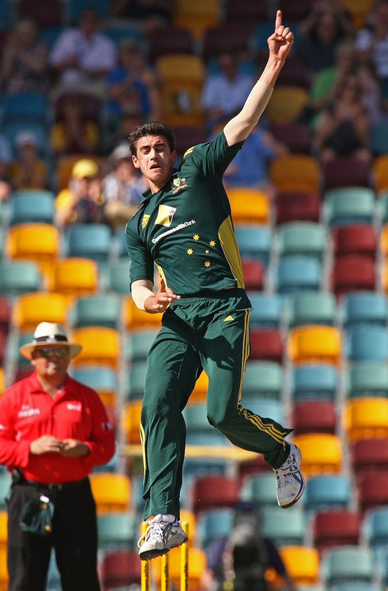 Mitchell Starc leaps in celebration, Australia v Sri Lanka, 3rd ODI, Brisbane, November 7, 2010