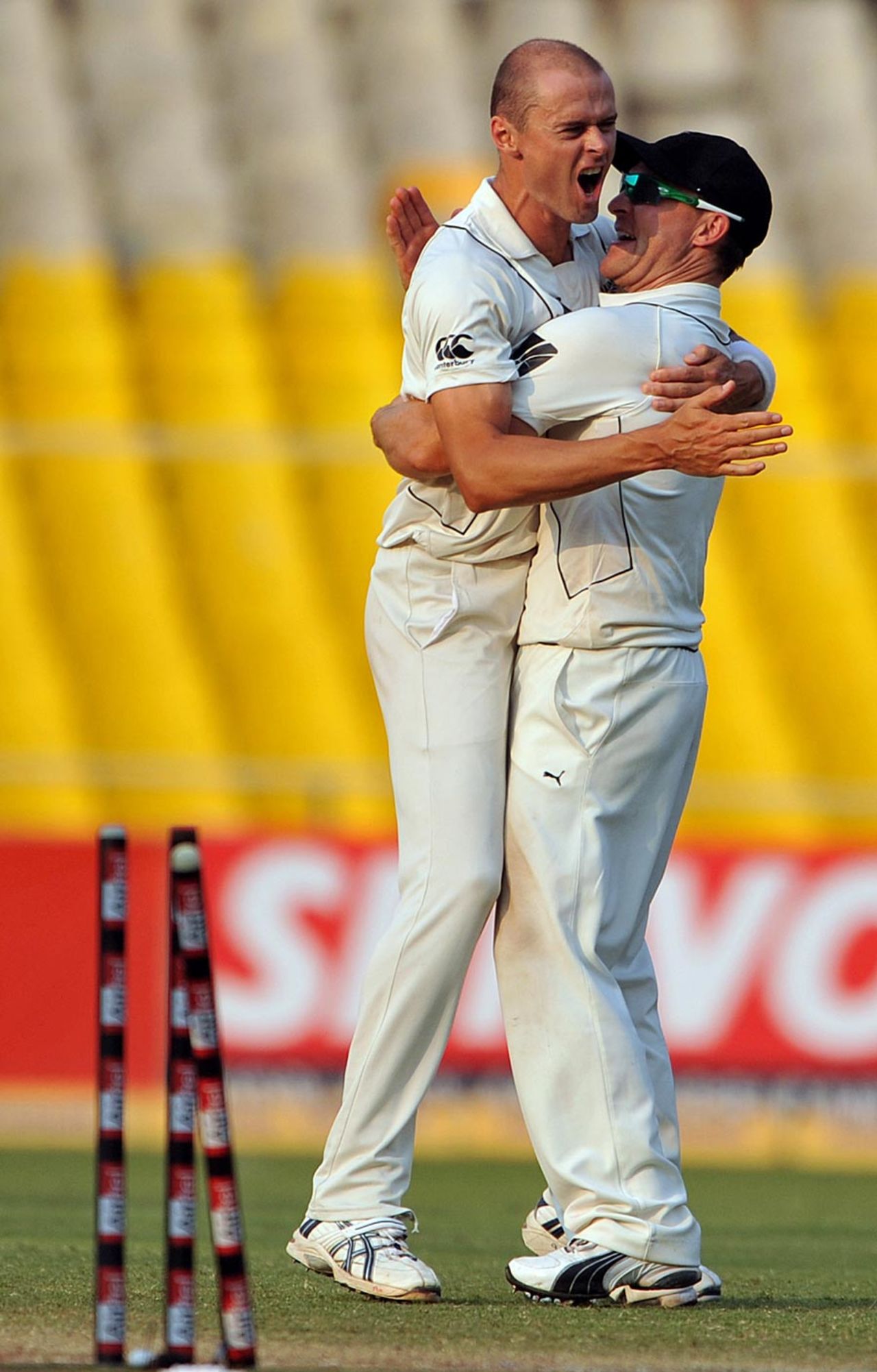 Chris Martin celebrates one of his five scalps, India v New Zealand, 1st Test, Ahmedabad, 4th day, November 7, 2010