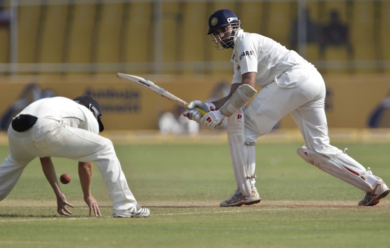 VVS Laxman plays towards forward short leg, India v New Zealand, 1st Test, Ahmedabad, 5th day, November 8, 2010