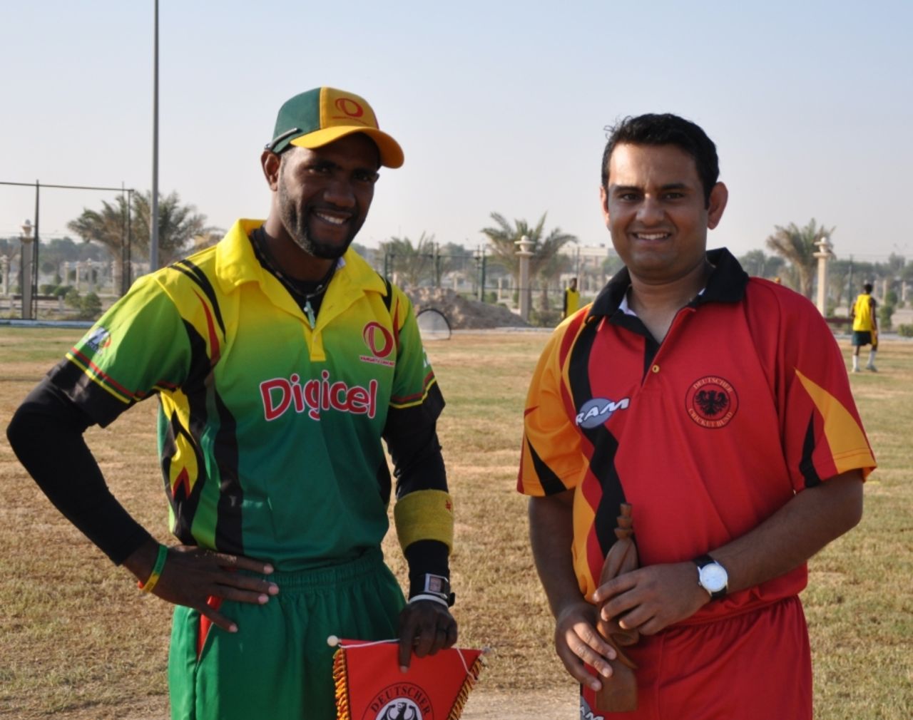 Andrew Mansale, Vanuatu's captain, and Germany captain Asif Khan after the toss, Germany v Vanuatu, WCL Division 8 Semi-Final, Kuwait City, November 11 2010