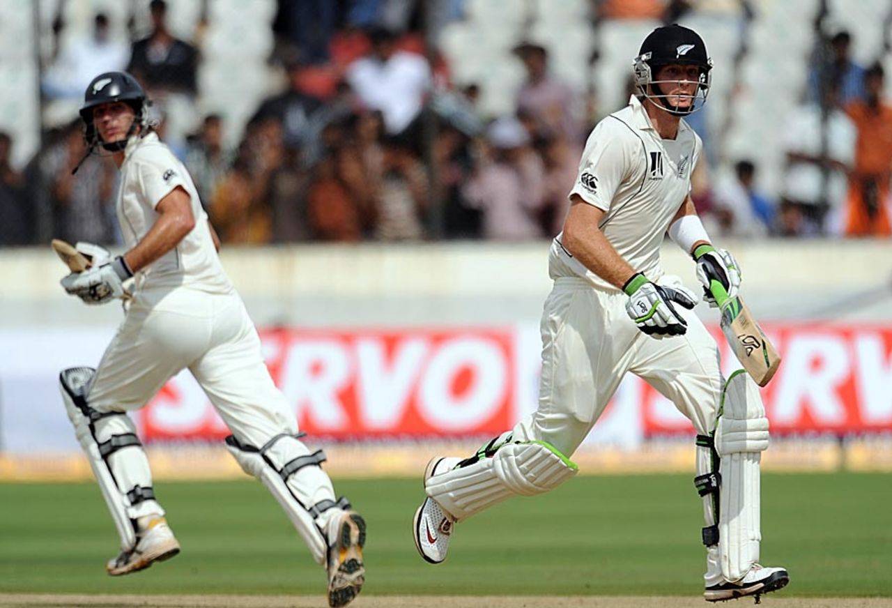 Martin Guptill and Tim McIntosh were involved in a century stand, India v New Zealand, 2nd Test, Hyderaabad, 1st day, November 12, 2010