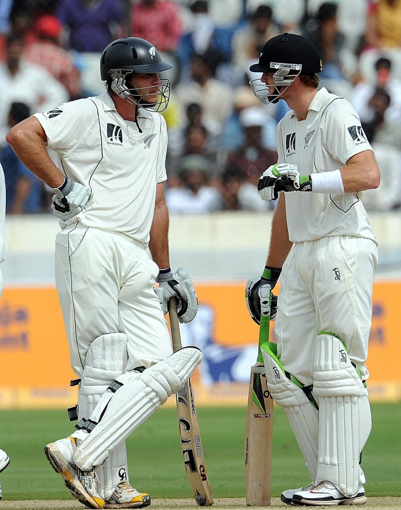 Martin Guptill and Tim McIntosh have a chat during their partnership, 2nd Test, Hyderaabad, 1st day, November 12, 2010
