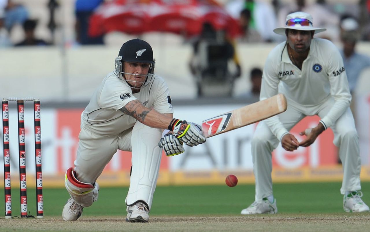 VVS Laxman watches as Brendon McCullum plays the reverse-sweep, India v New Zealand, 2nd Test, Hyderabad, 4th day, November 15, 2010