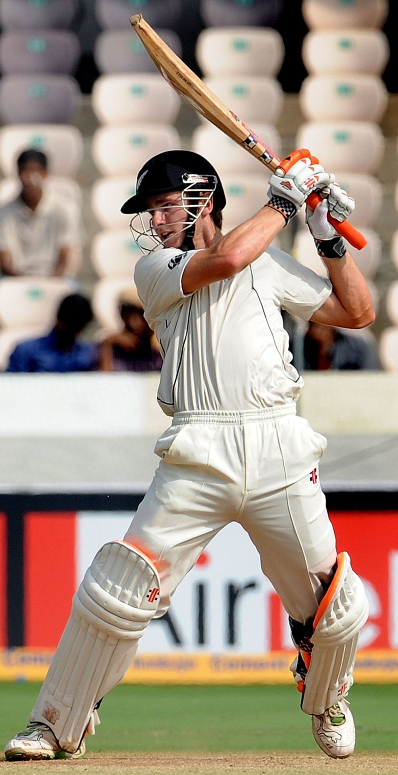 Kane Williamson hits one of several back-foot shots through the off side, India v New Zealand, 2nd Test, Hyderabad, 5th day, November 16, 2010