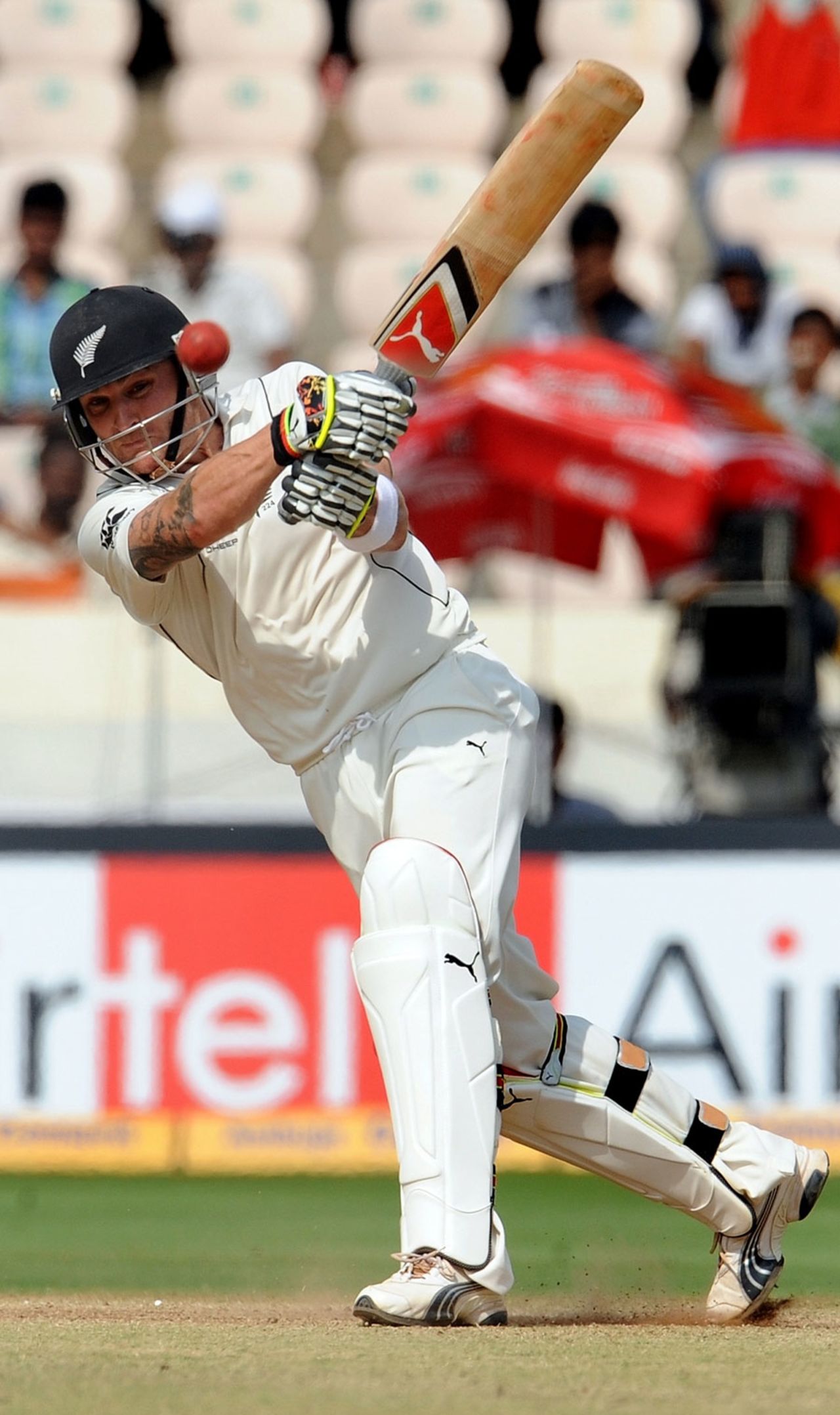 Brendon McCullum hits one through the on side during his match-saving double century, India v New Zealand, 2nd Test, Hyderabad, 5th day