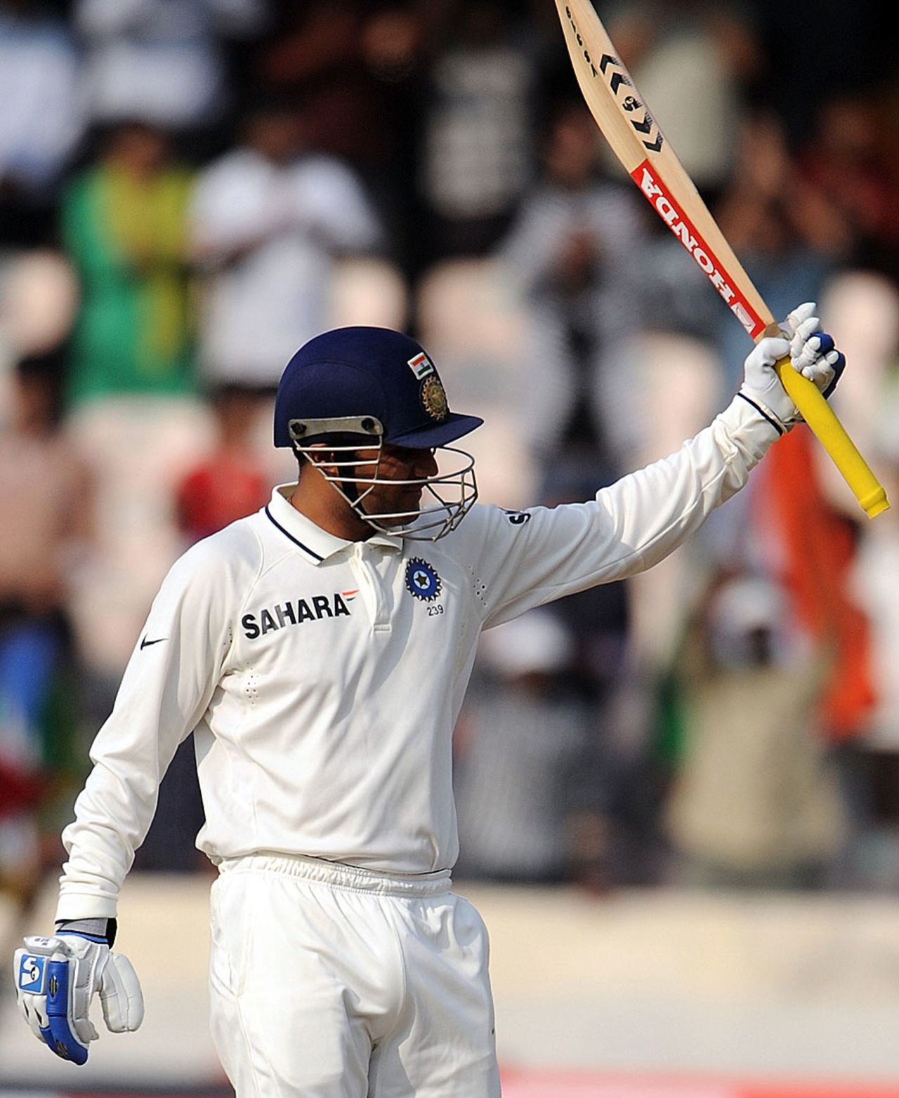 Virender Sehwag celebrates his second half-century of the match, India v New Zealand, 2nd Test, Hyderabad, 5th day, November 16, 2010