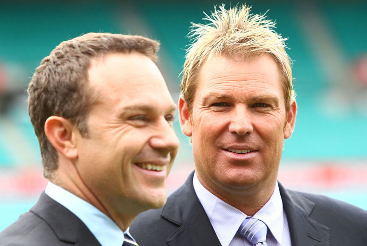 Shane Warne and Michael Slater at the Channel 9 launch, Sydney, November 16, 2010